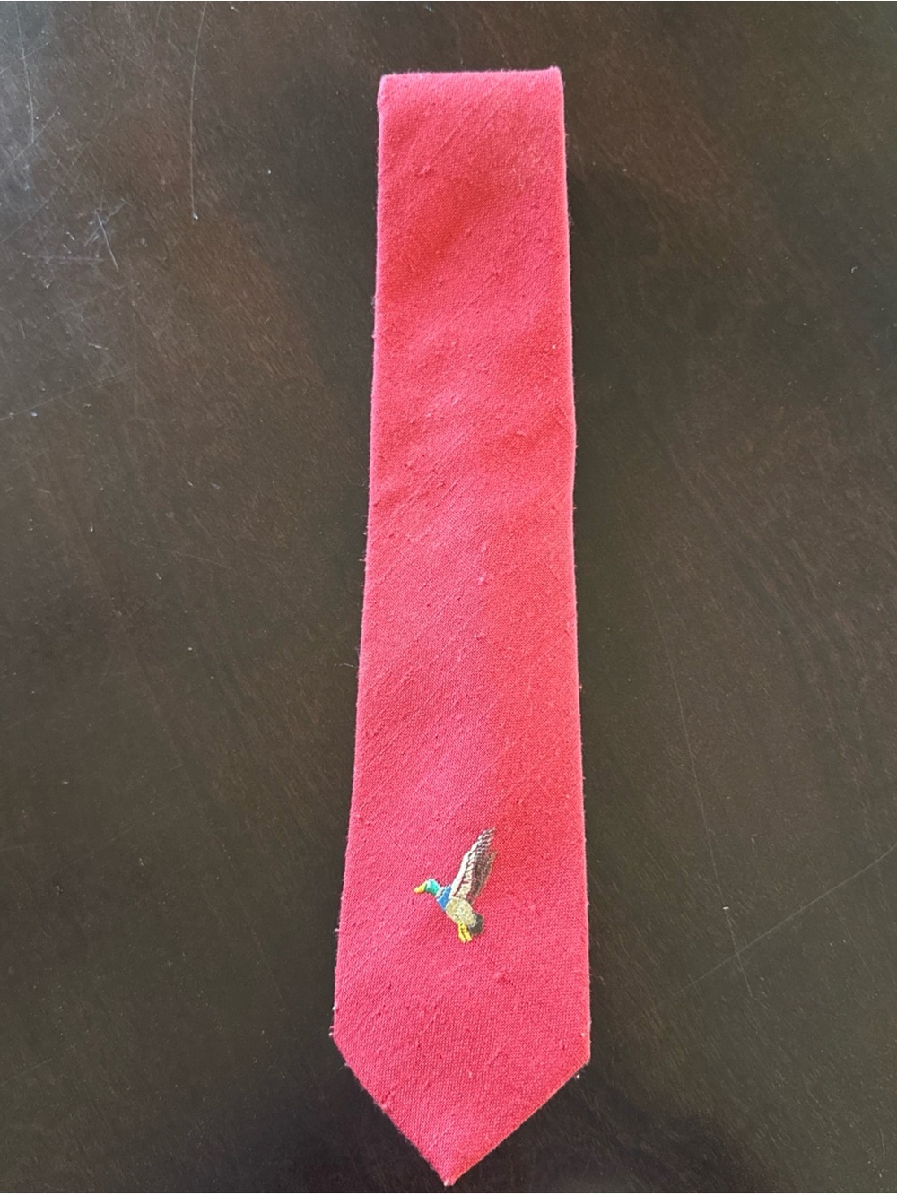 Vintage Austin Manor Textured Red Necktie With Embroidered Mallard Duck